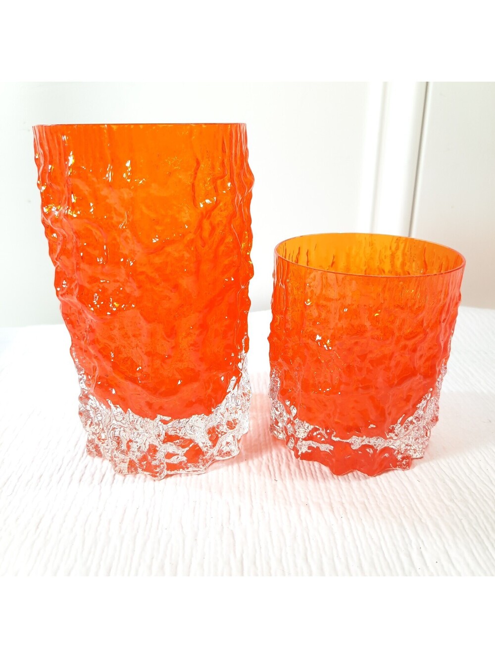 Vintage Selezione IVV Italian Crystal Glacier Ice Bark Glass Tumblers x2 orange